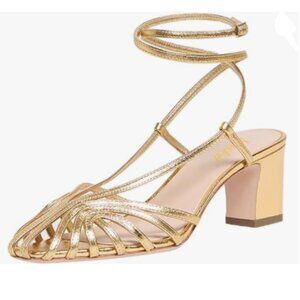 miss left Gold Caged Toe Chunky Heel Cutout Strappy Ankle Strap Buckle Sandals